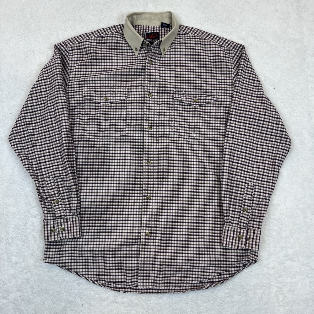 Roper Men's Collar‎ Long Sleeve Maroon Brown White Plaid Shirt Sz Large Western